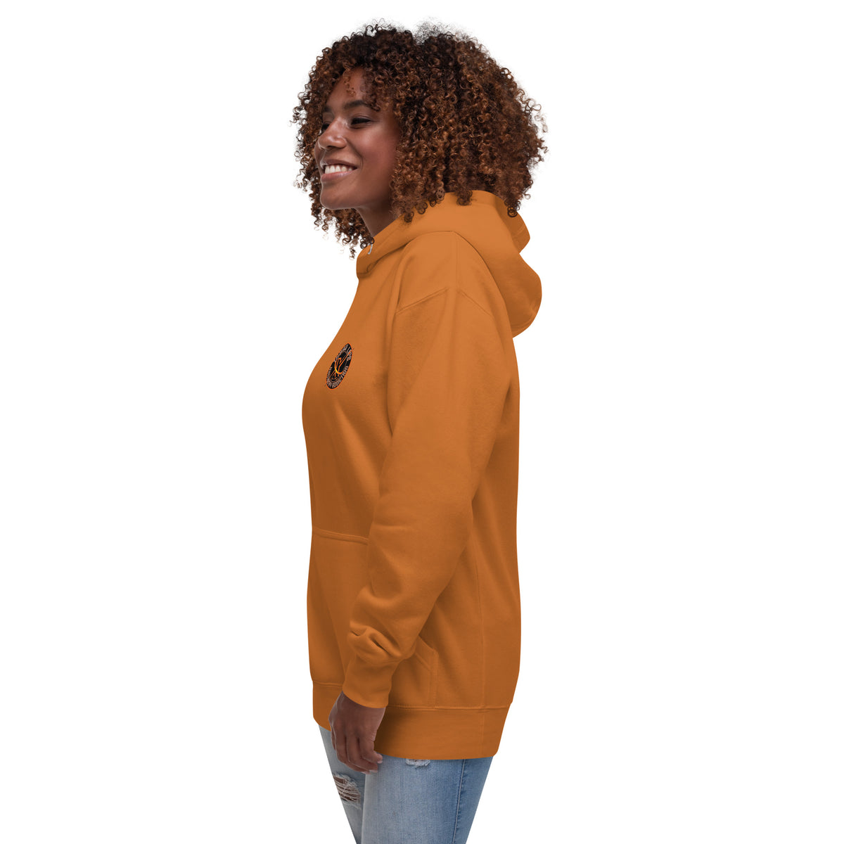 Sugar Skull Pullover Hoodie in Adobe, left side view on a model