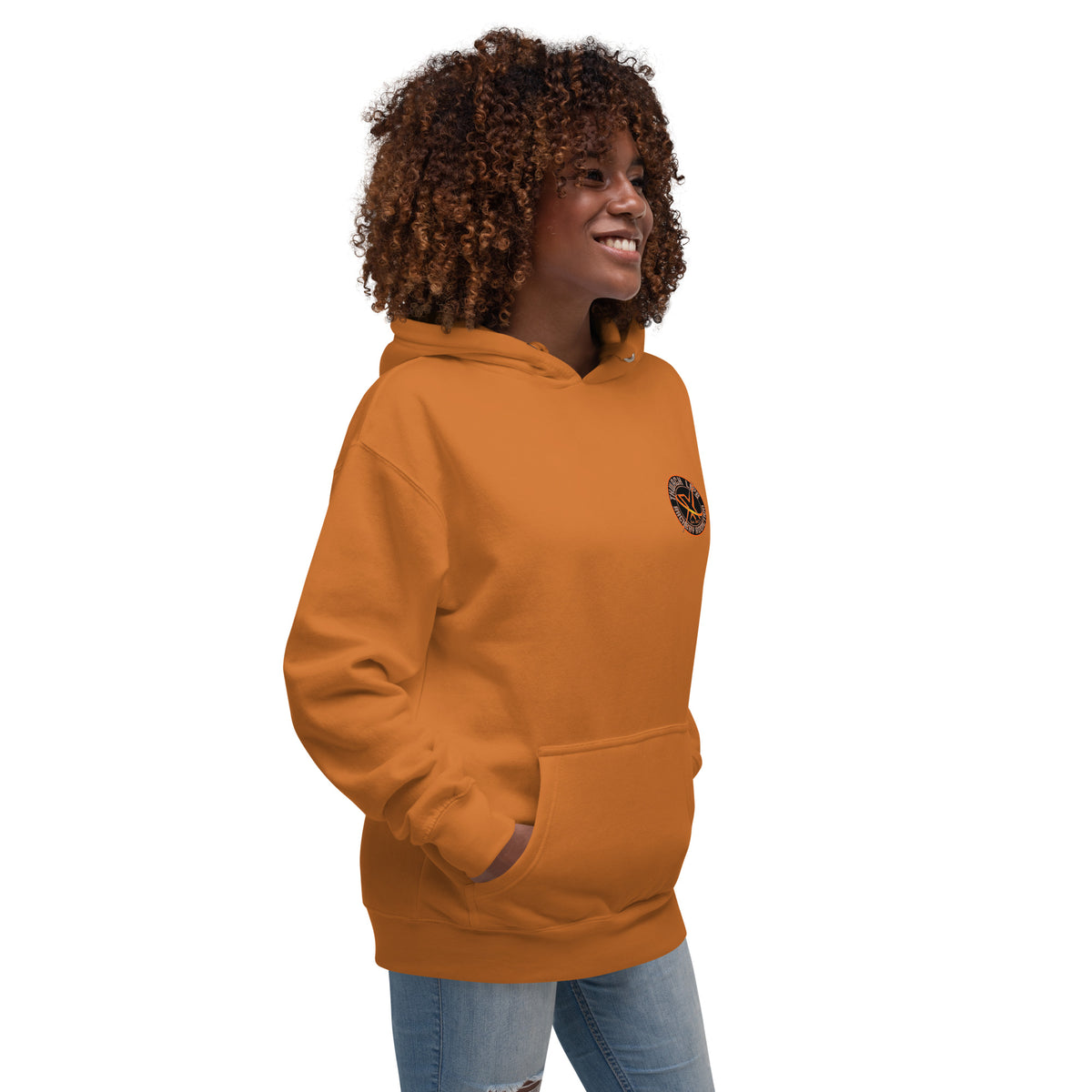 Sugar Skull Pullover Hoodie in Adobe, three-quarter front view on a model with the small round chest logo