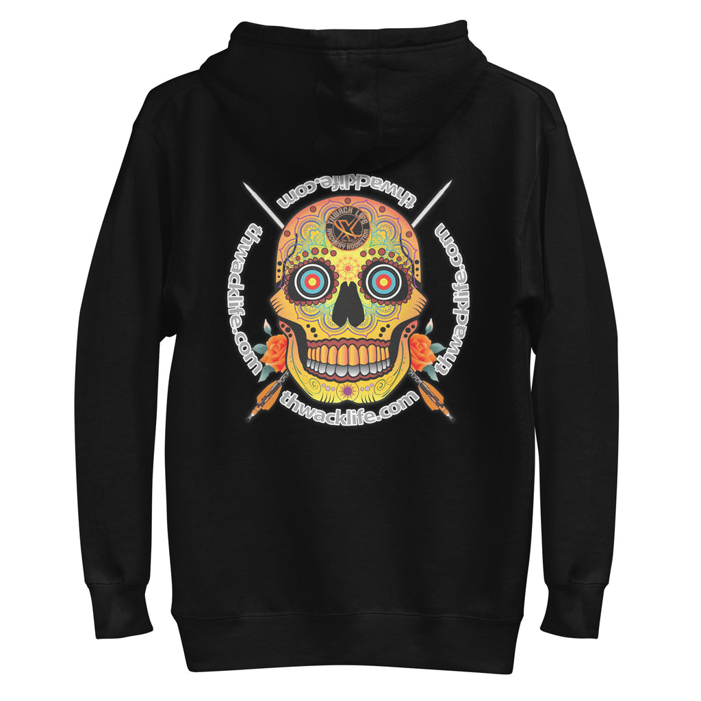 Sugar Skull Pullover Hoodie in Black, close-up back view of the Sugar Skull with the thwacklife.com ring