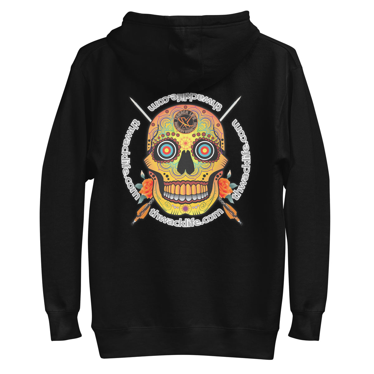 Sugar Skull Pullover Hoodie in Black, close-up back view of the Sugar Skull with the thwacklife.com ring