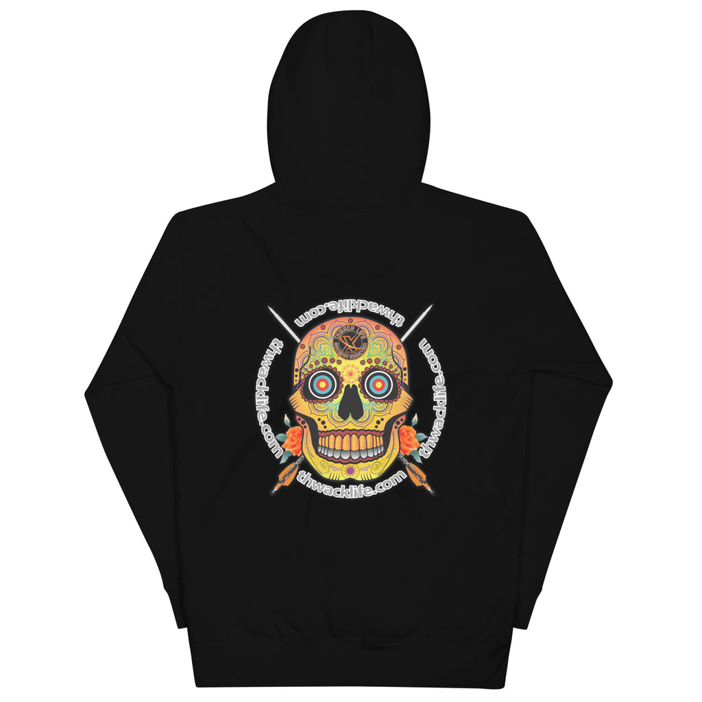 Sugar Skull Pullover Hoodie in Black, flat back view showing the Sugar Skull with the thwacklife.com ring