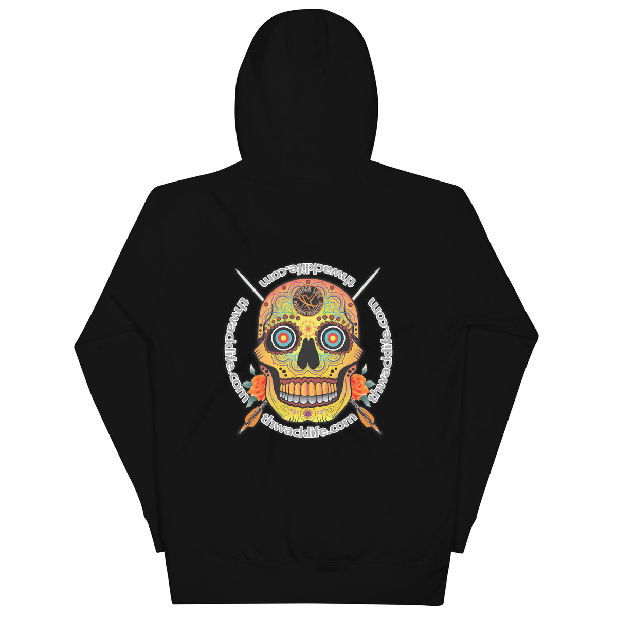 Sugar Skull Pullover Hoodie in Black, flat back view showing the Sugar Skull with the thwacklife.com ring