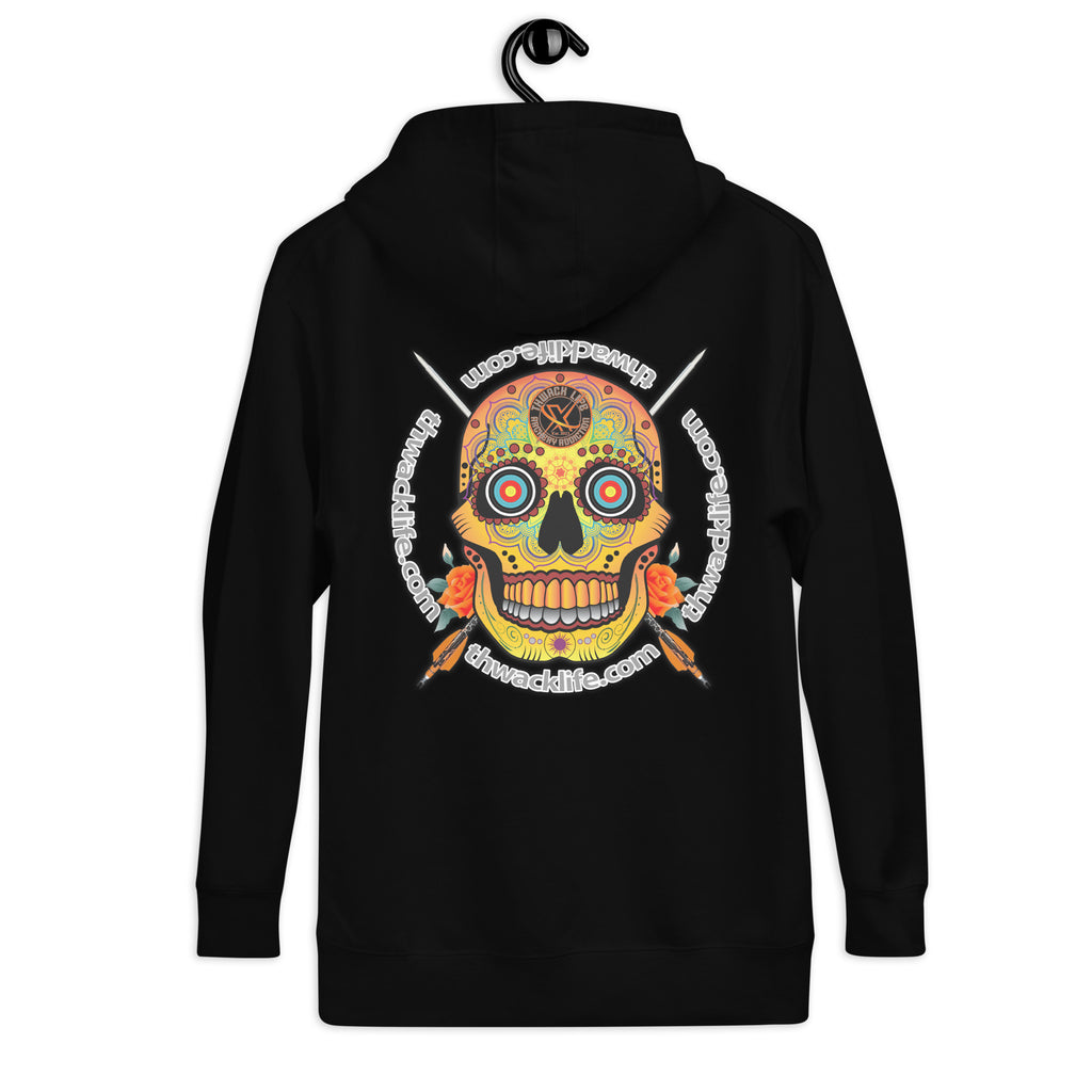 Sugar Skull Pullover Hoodie in Black, back view on a black hanger showing the Sugar Skull print