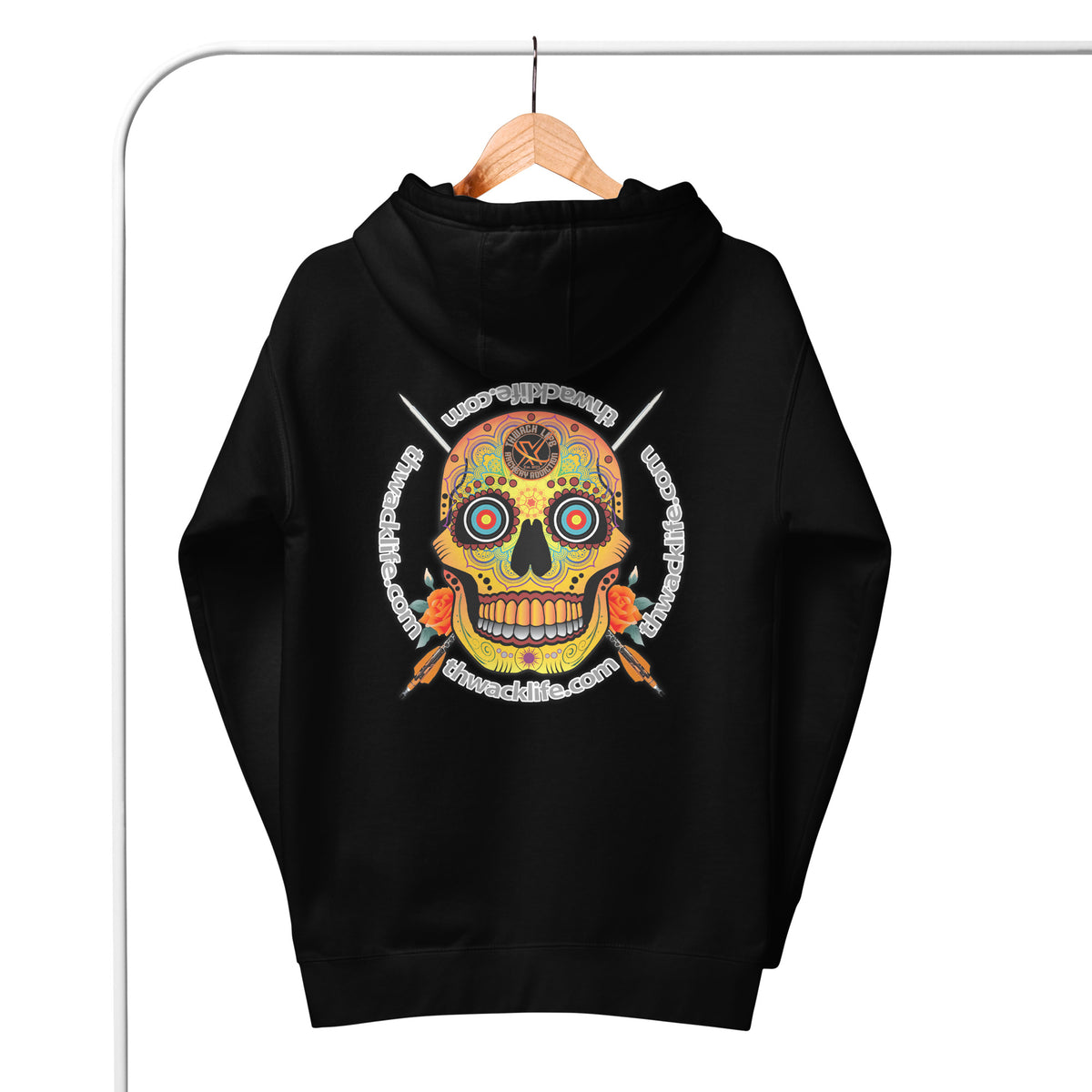 Sugar Skull Pullover Hoodie in Black, back view on a hanger showing the Sugar Skull print