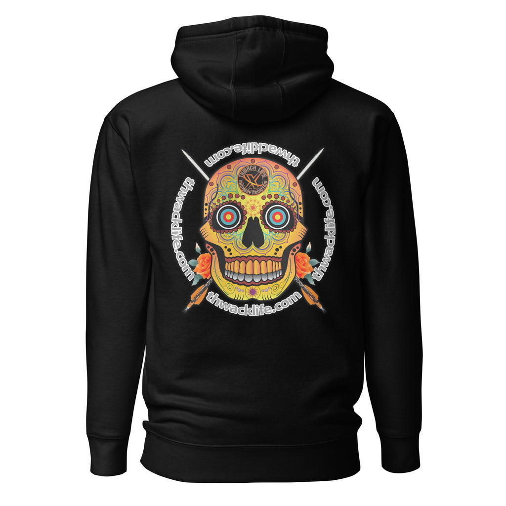 Sugar Skull Pullover Hoodie in Black, back view with the hood up showing the Sugar Skull print