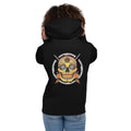 Sugar Skull Pullover Hoodie in Black, back view on a model showing the Sugar Skull with the thwacklife.com ring