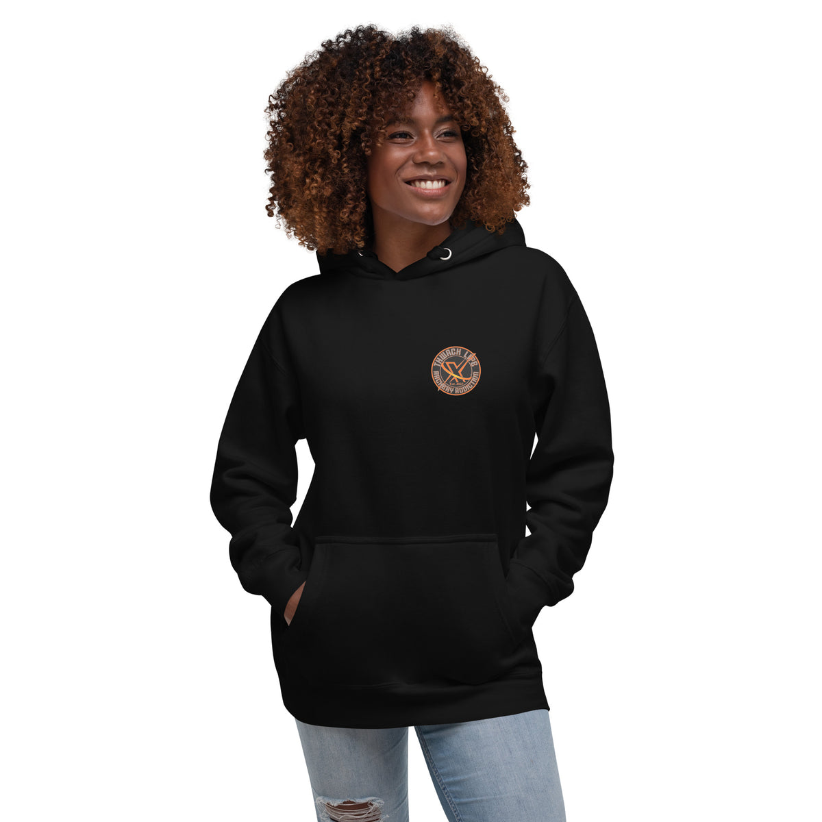 Sugar Skull Pullover Hoodie in Black, front view on a model with the small round chest logo