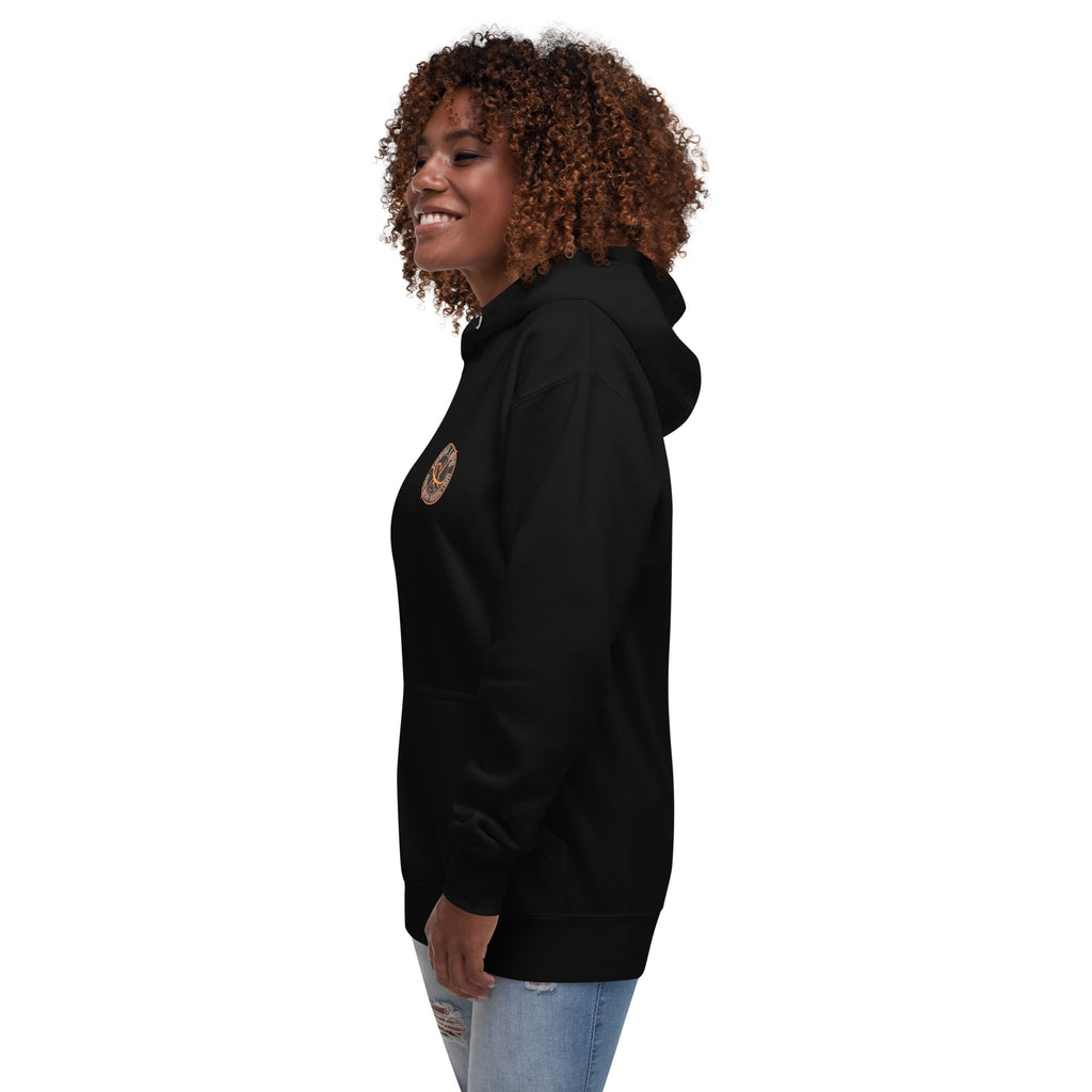 Sugar Skull Pullover Hoodie in Black, left side view on a model