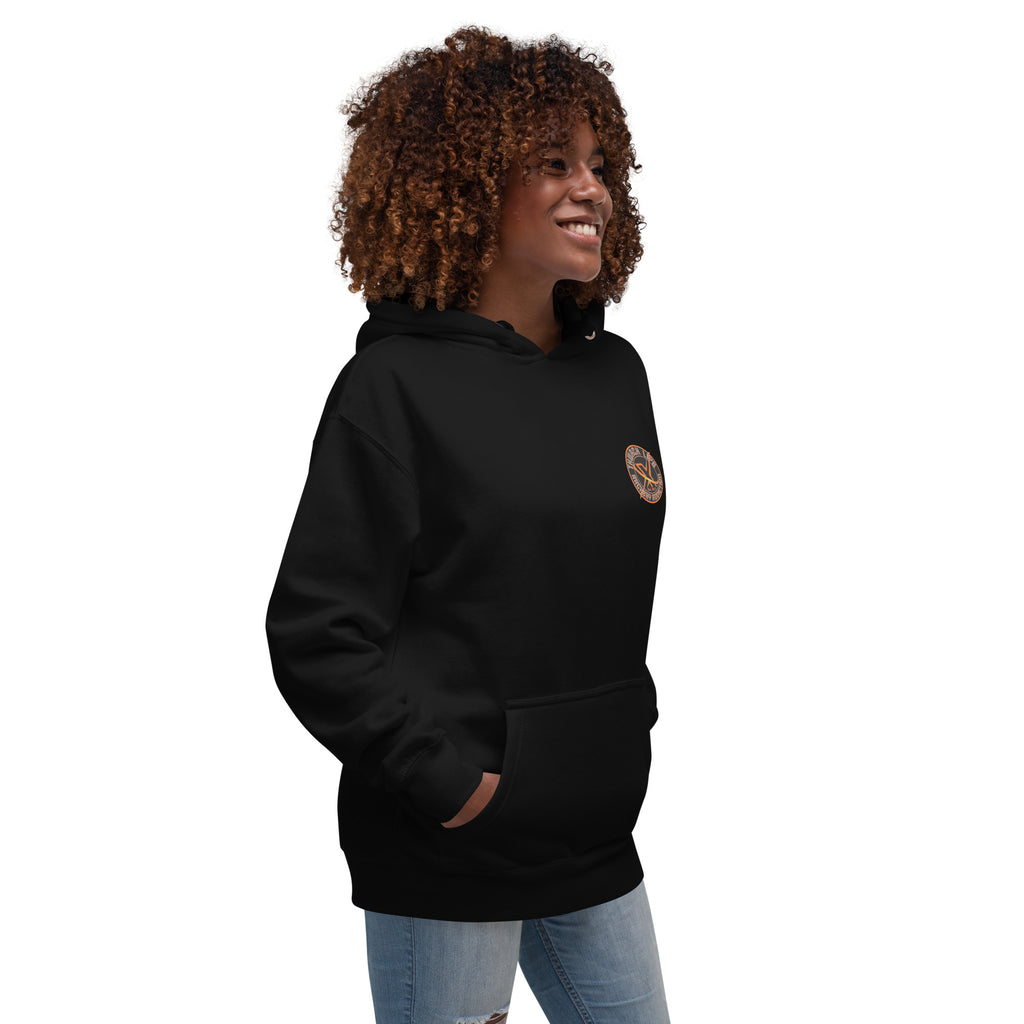 Sugar Skull Pullover Hoodie in Black, three-quarter front view on a model with the small round chest logo