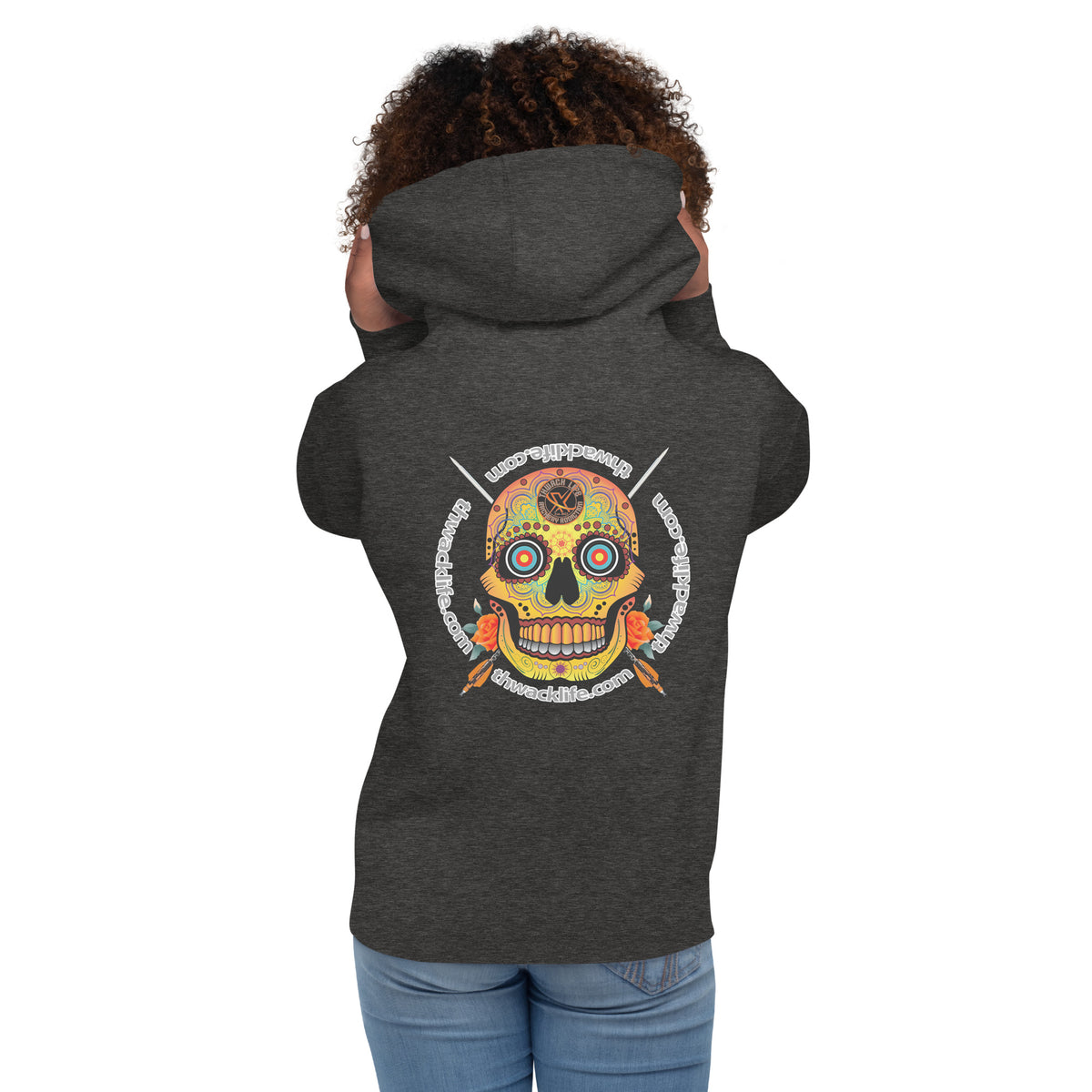 Sugar Skull Pullover Hoodie in Charcoal Heather, back view on a model showing the Sugar Skull with the thwacklife.com ring