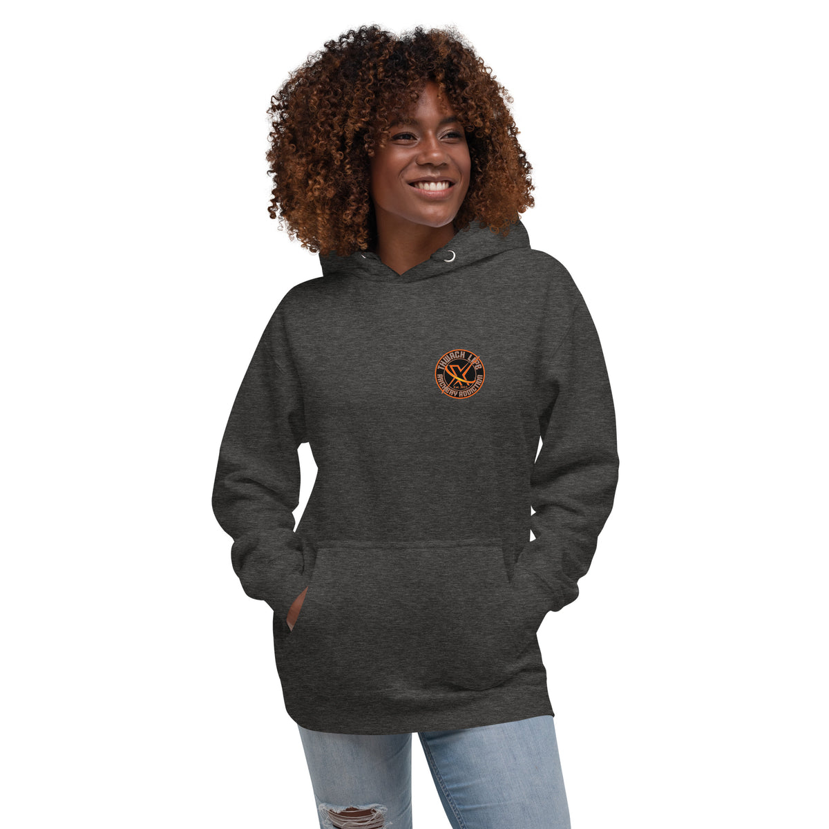Sugar Skull Pullover Hoodie in Charcoal Heather, front view on a model with the small round chest logo