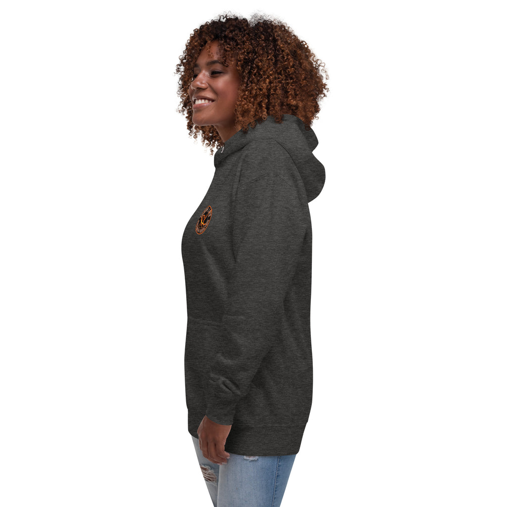 Sugar Skull Pullover Hoodie in Charcoal Heather, left side view on a model