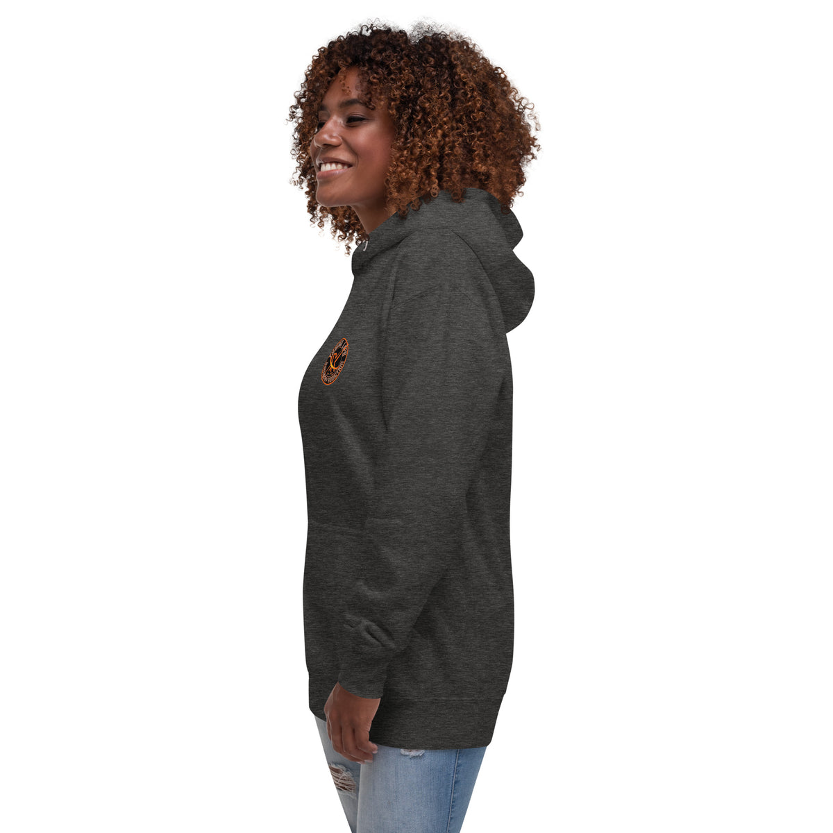 Sugar Skull Pullover Hoodie in Charcoal Heather, left side view on a model