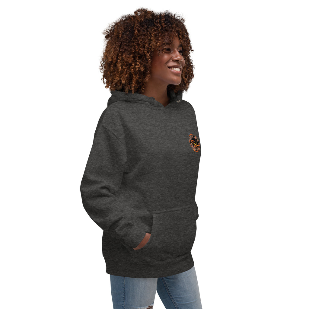 Sugar Skull Pullover Hoodie in Charcoal Heather, three-quarter front view on a model with the small round chest logo