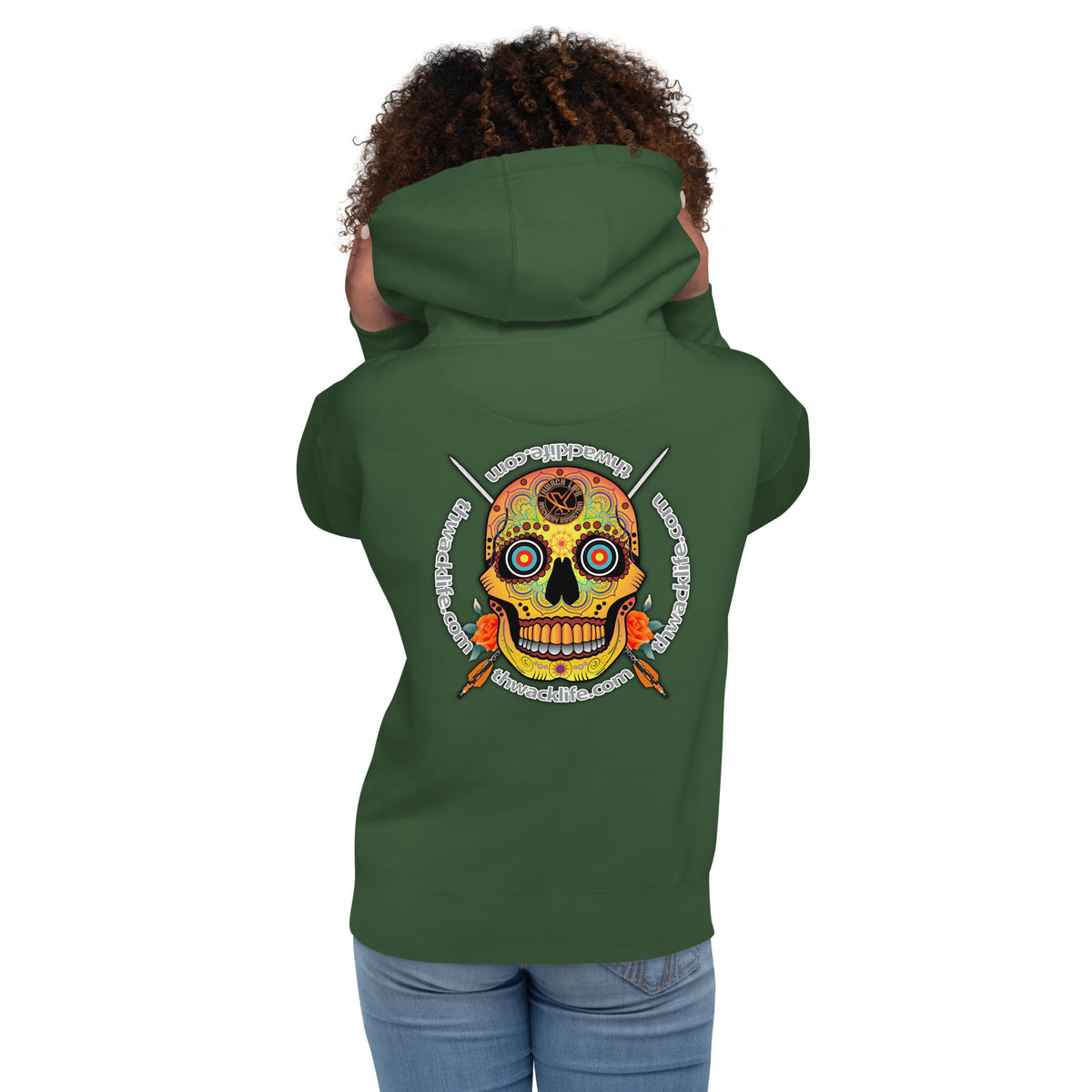 Sugar Skull Pullover Hoodie in Forest Green, back view on a model showing the Sugar Skull with the thwacklife.com ring