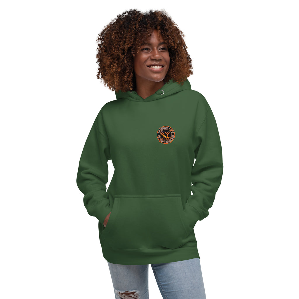 Sugar Skull Pullover Hoodie in Forest Green, front view on a model with the small round chest logo