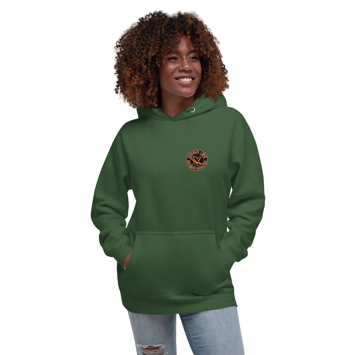 Sugar Skull Pullover Hoodie in Forest Green, front view on a model with the small round chest logo