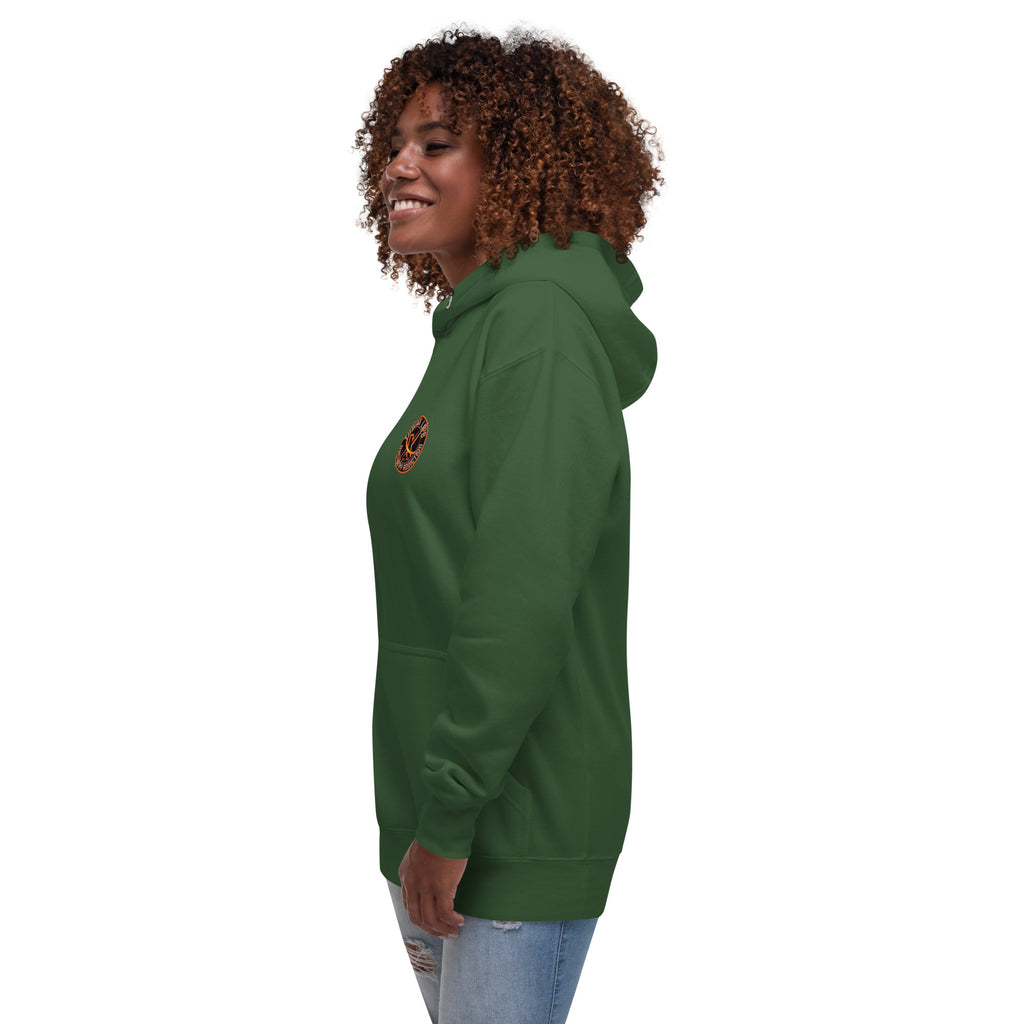 Sugar Skull Pullover Hoodie in Forest Green, left side view on a model