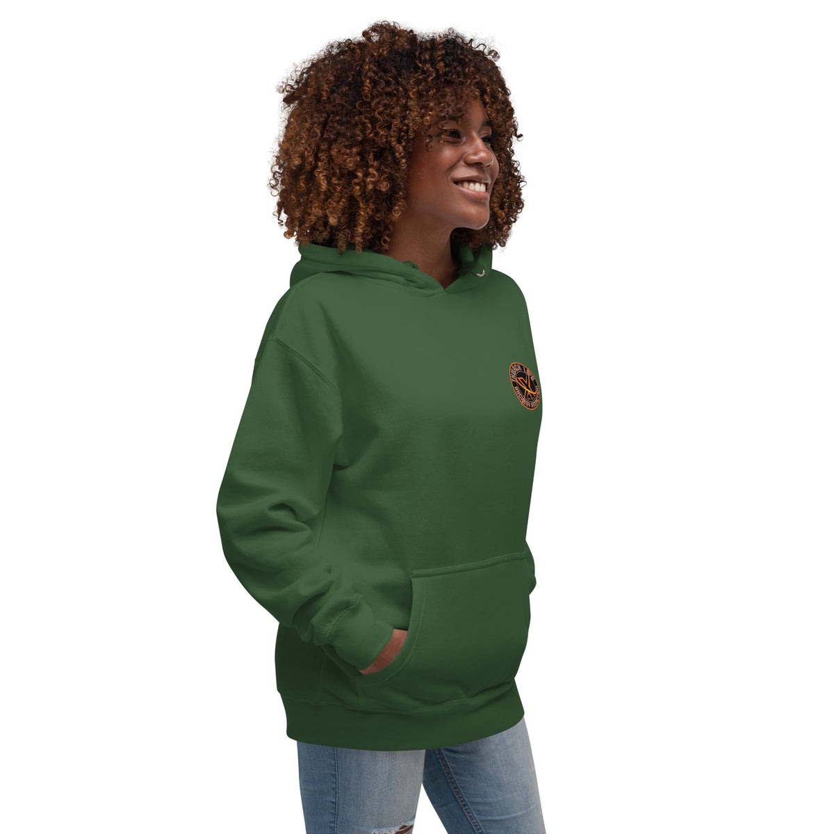 Sugar Skull Pullover Hoodie in Forest Green, three-quarter front view on a model with the small round chest logo