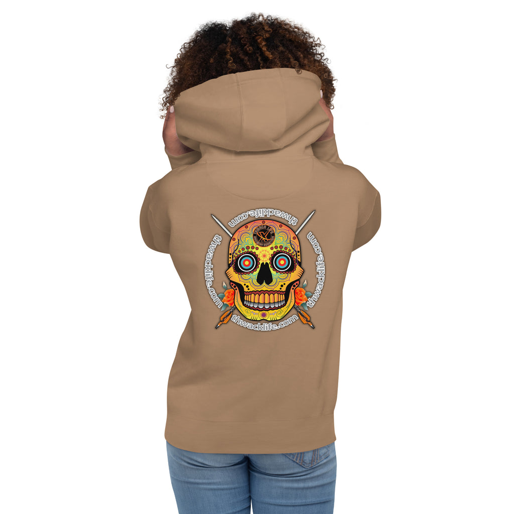 Sugar Skull Pullover Hoodie in Latte, back view on a model showing the Sugar Skull with the thwacklife.com ring