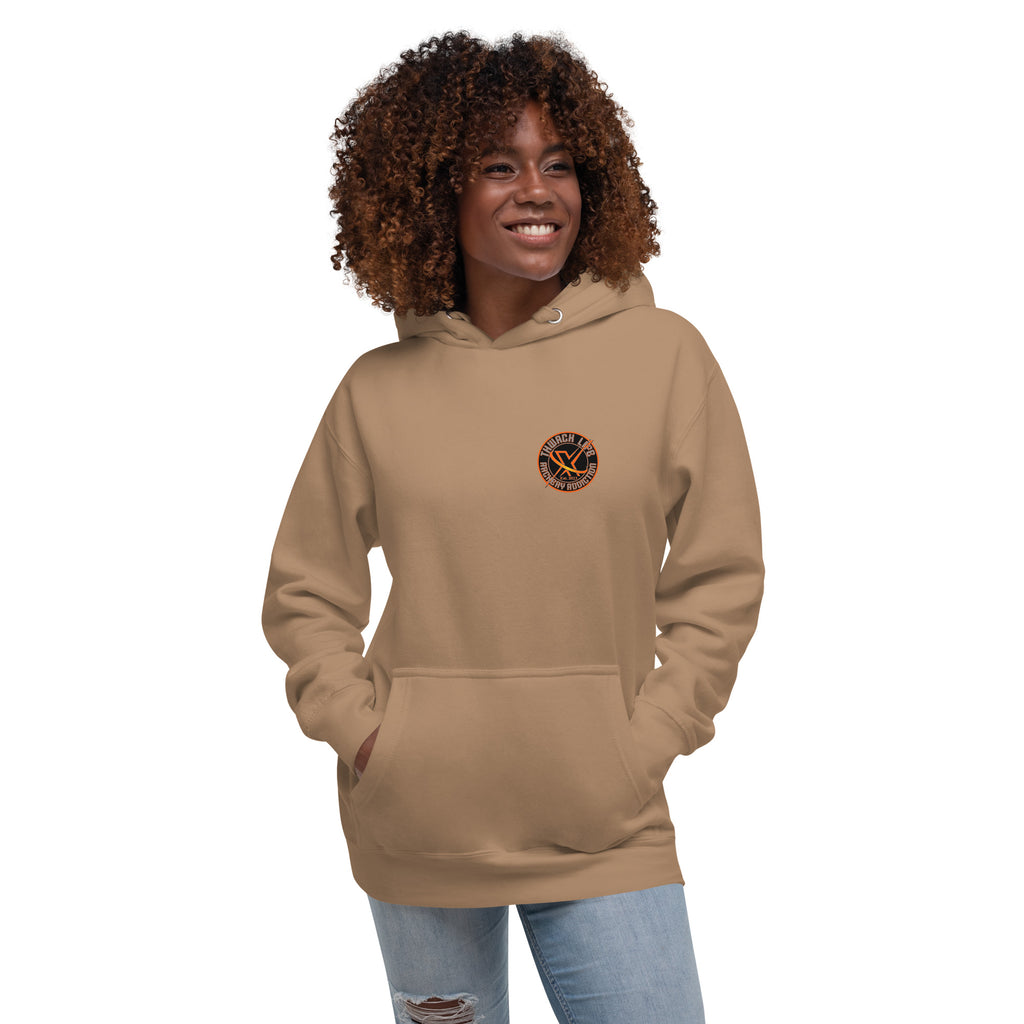 Sugar Skull Pullover Hoodie in Latte, front view on a model with the small round chest logo