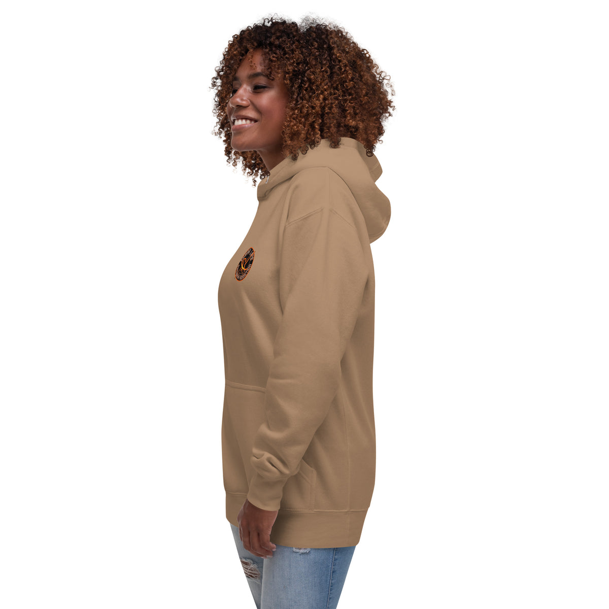Sugar Skull Pullover Hoodie in Latte, left side view on a model