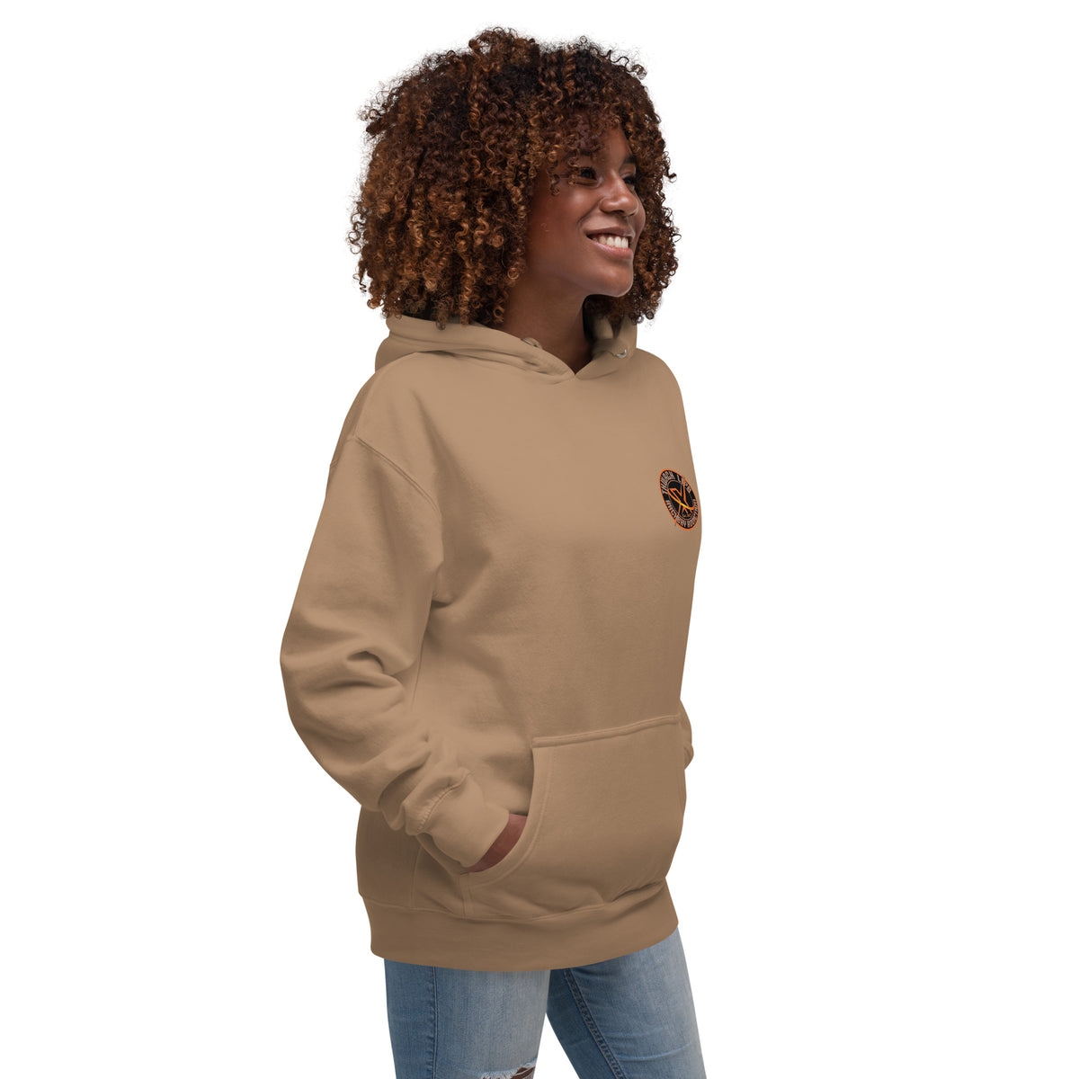 Sugar Skull Pullover Hoodie in Latte, three-quarter front view on a model with the small round chest logo