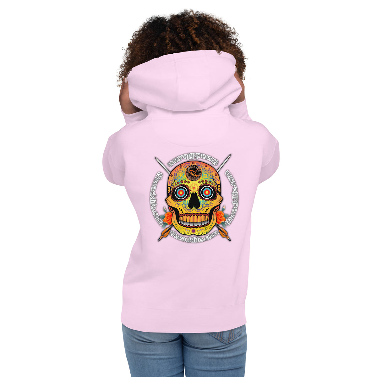 Sugar Skull Pullover Hoodie in Lavender, back view on a model showing the Sugar Skull with the thwacklife.com ring