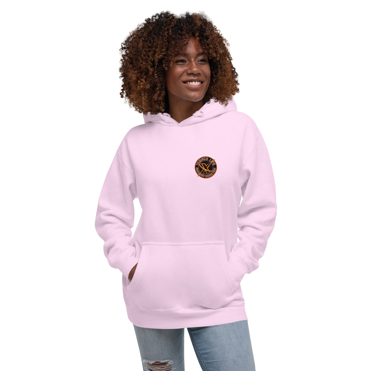 Sugar Skull Pullover Hoodie in Lavender, front view on a model with the small round chest logo