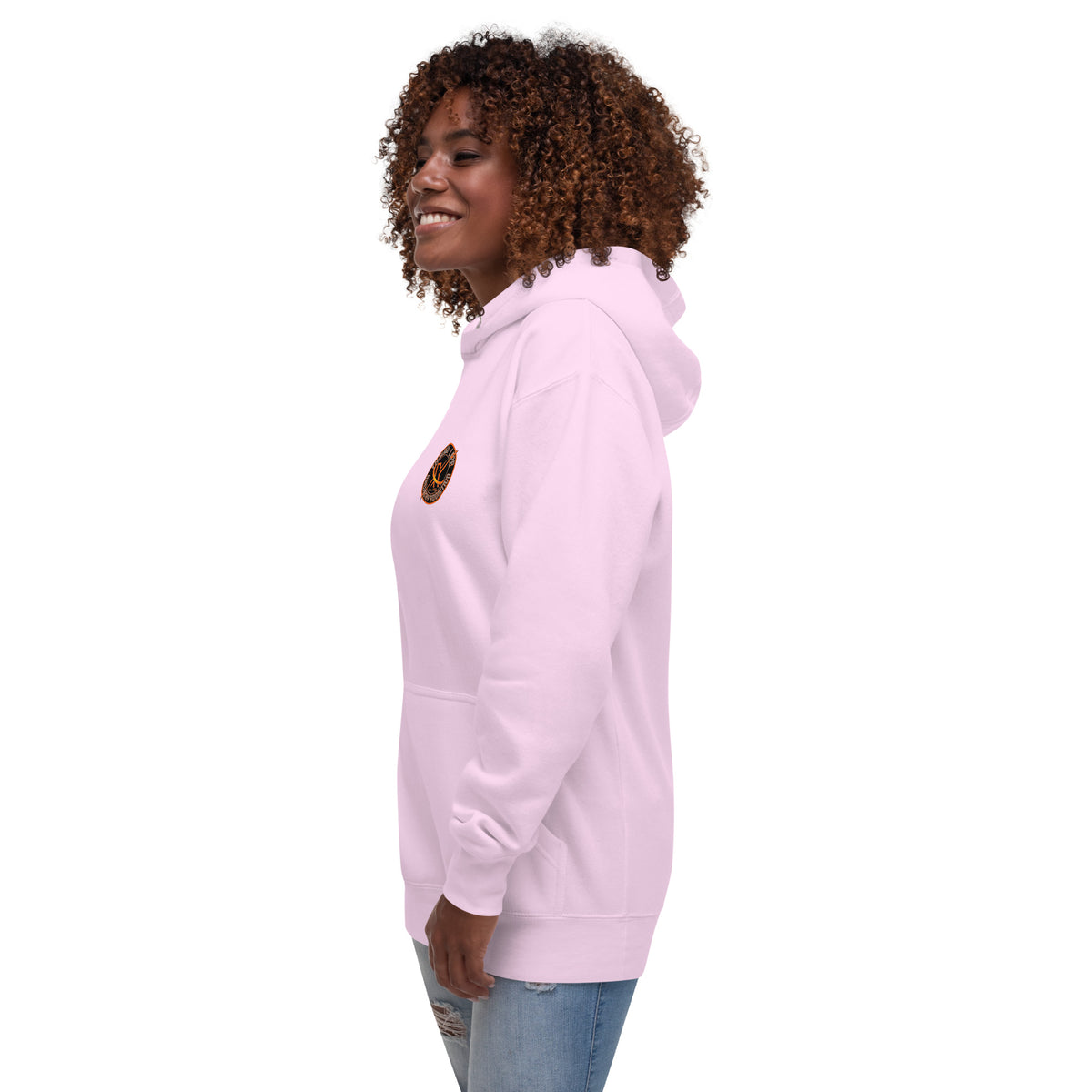 Sugar Skull Pullover Hoodie in Lavender, left side view on a model