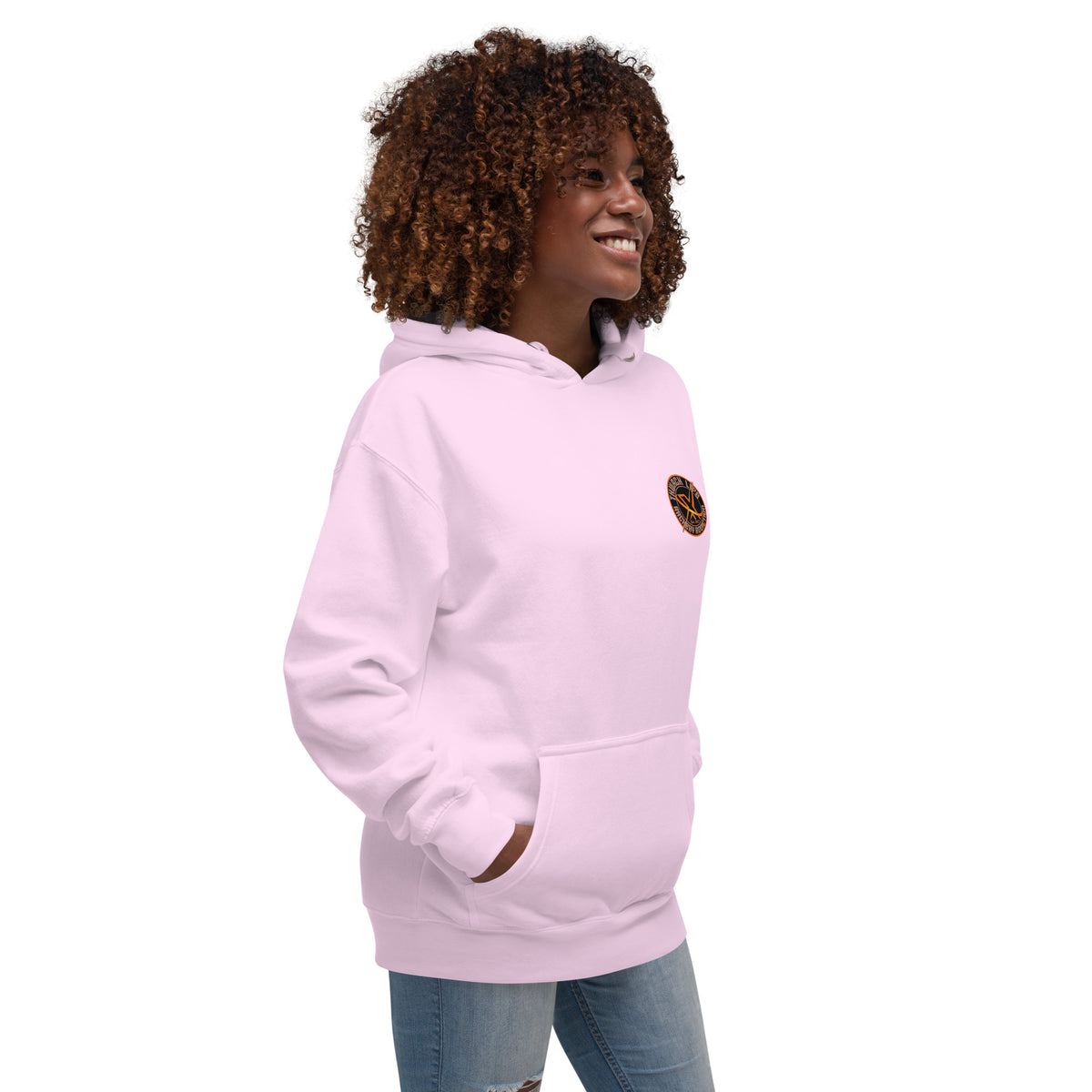 Sugar Skull Pullover Hoodie in Lavender, three-quarter front view on a model with the small round chest logo