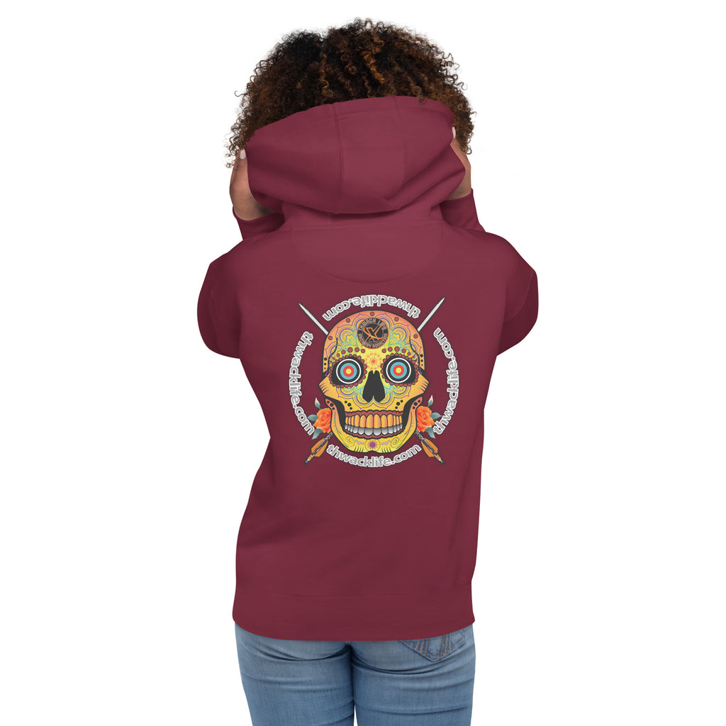 Sugar Skull Pullover Hoodie in Maroon, back view on a model showing the Sugar Skull with the thwacklife.com ring