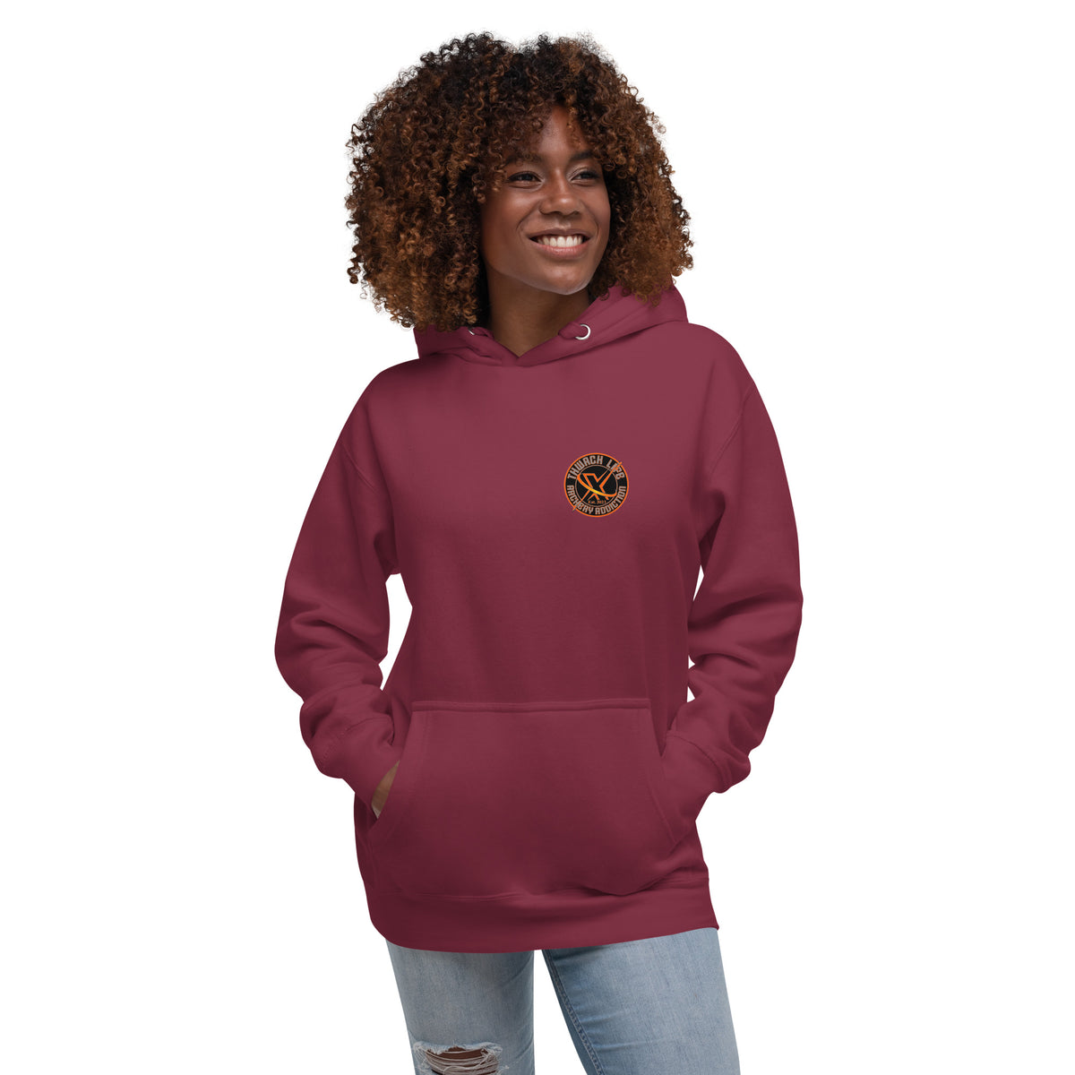 Sugar Skull Pullover Hoodie in Maroon, front view on a model with the small round chest logo