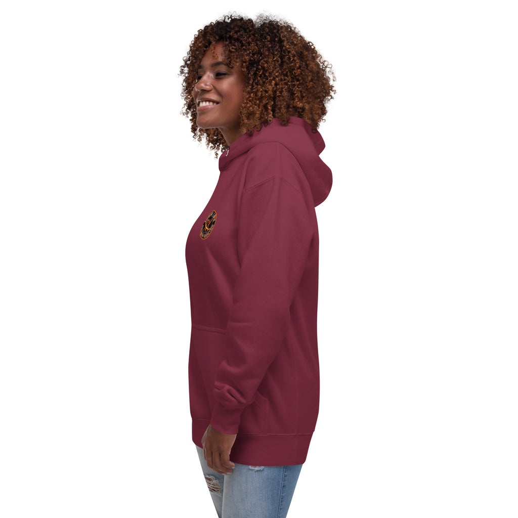 Sugar Skull Pullover Hoodie in Maroon, left side view on a model