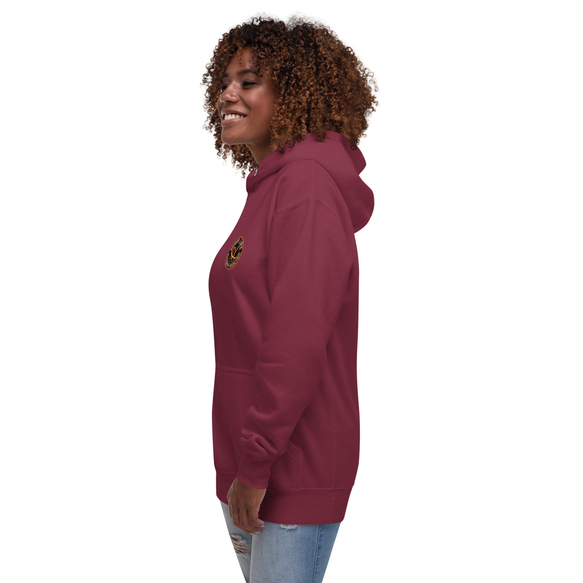 Sugar Skull Pullover Hoodie in Maroon, left side view on a model