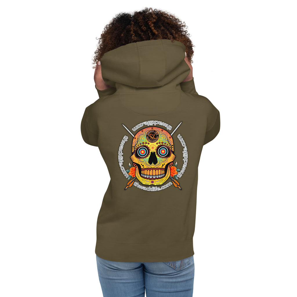 Sugar Skull Pullover Hoodie in Military Green, back view on a model showing the Sugar Skull with the thwacklife.com ring