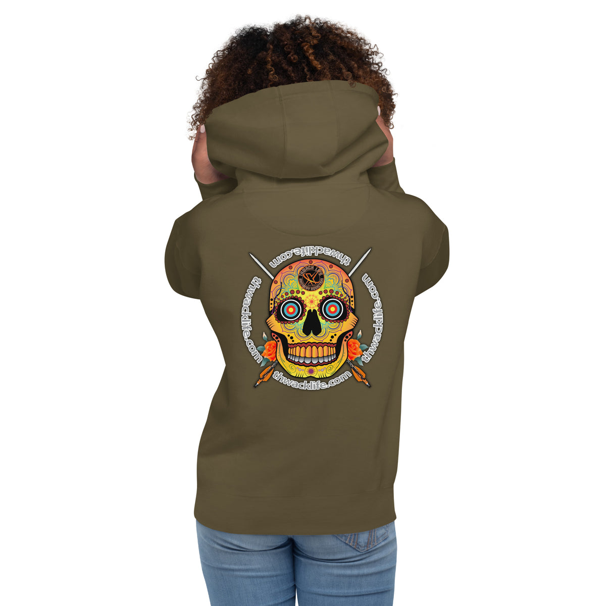 Sugar Skull Pullover Hoodie in Military Green, back view on a model showing the Sugar Skull with the thwacklife.com ring