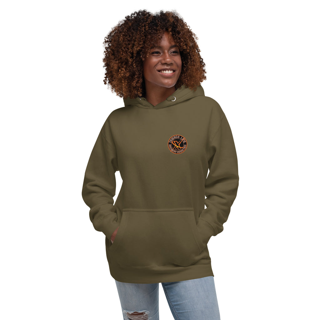 Sugar Skull Pullover Hoodie in Military Green, front view on a model with the small round chest logo