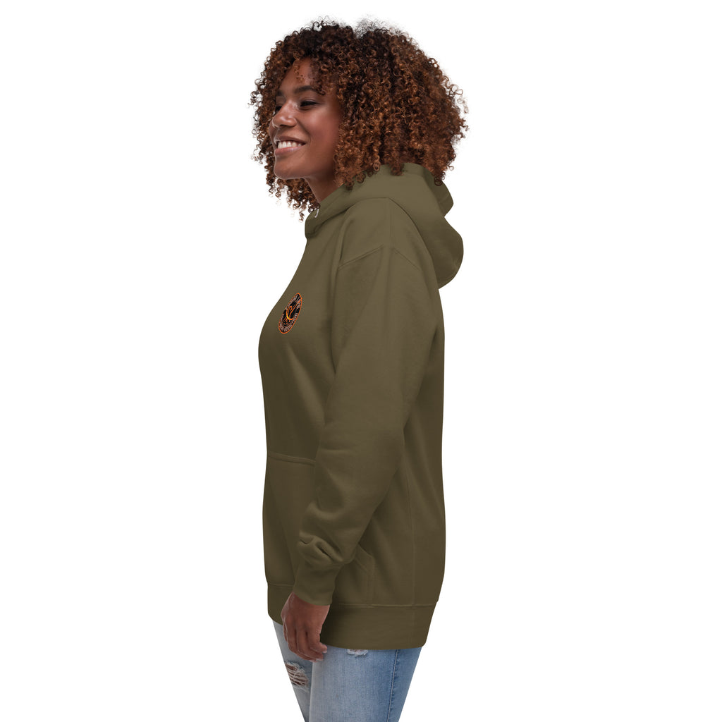 Sugar Skull Pullover Hoodie in Military Green, left side view on a model