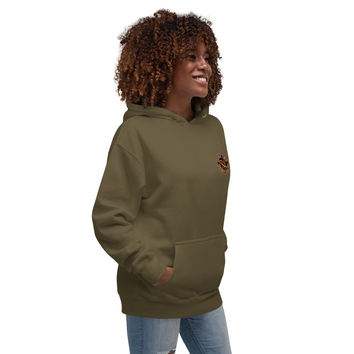 Sugar Skull Pullover Hoodie in Military Green, three-quarter front view on a model with the small round chest logo
