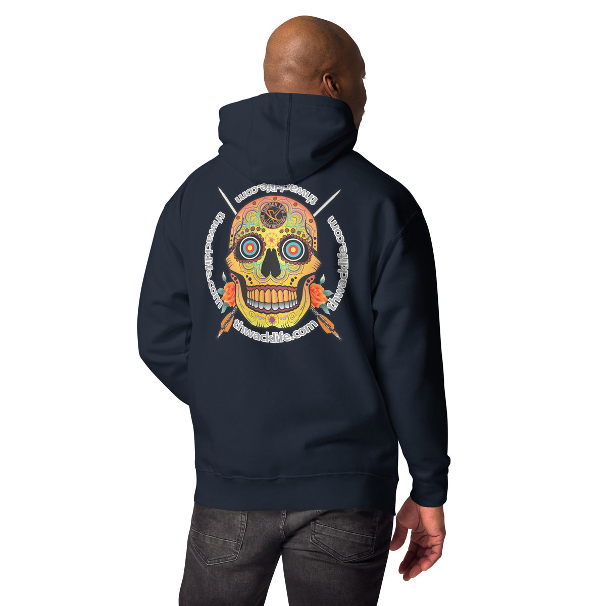 Sugar Skull Pullover Hoodie in Navy Blazer, back view on a model showing the Sugar Skull print