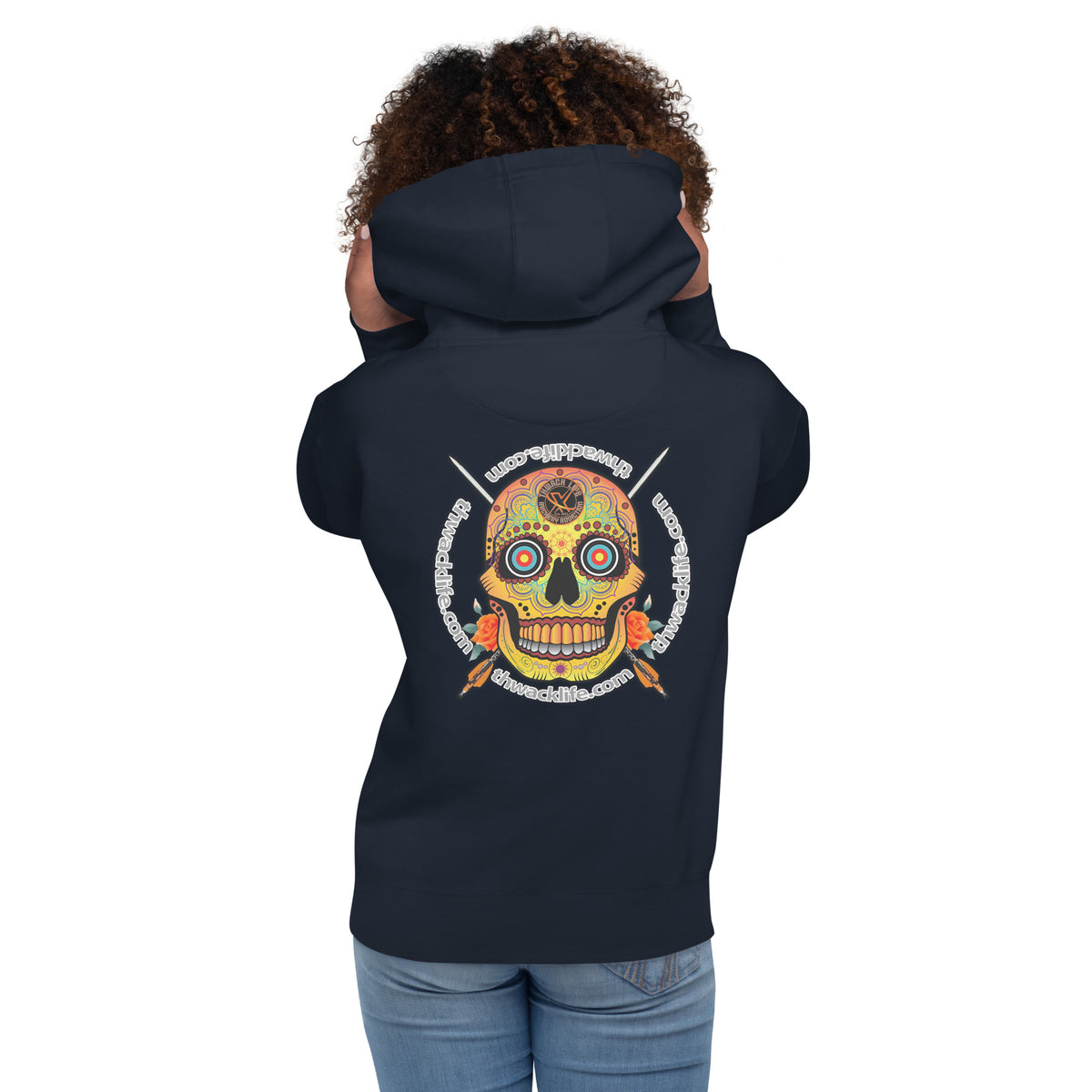 Sugar Skull Pullover Hoodie in Navy Blazer, back view on a model showing the Sugar Skull with the thwacklife.com ring