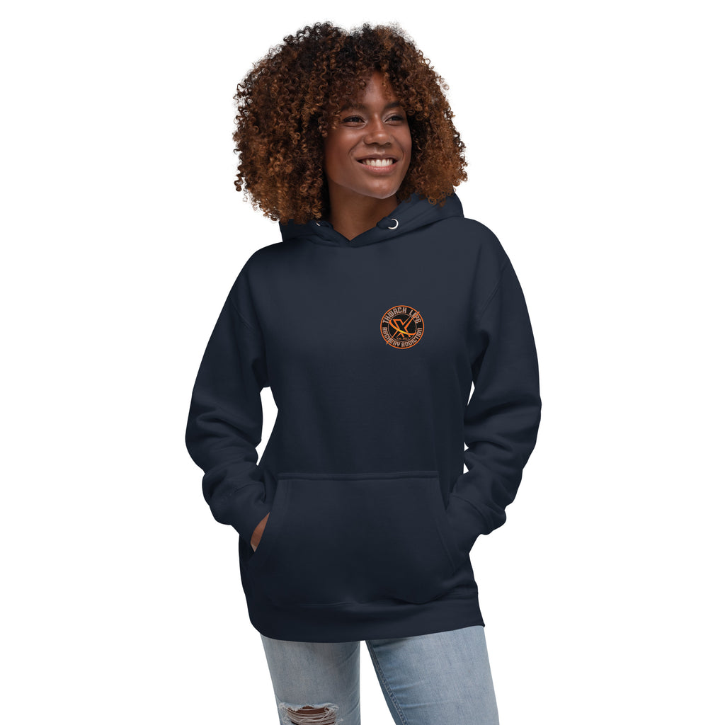 Sugar Skull Pullover Hoodie in Navy Blazer, front view on a model with the small round chest logo