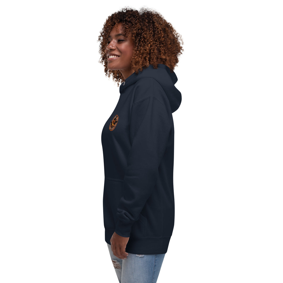 Sugar Skull Pullover Hoodie in Navy Blazer, left side view on a model