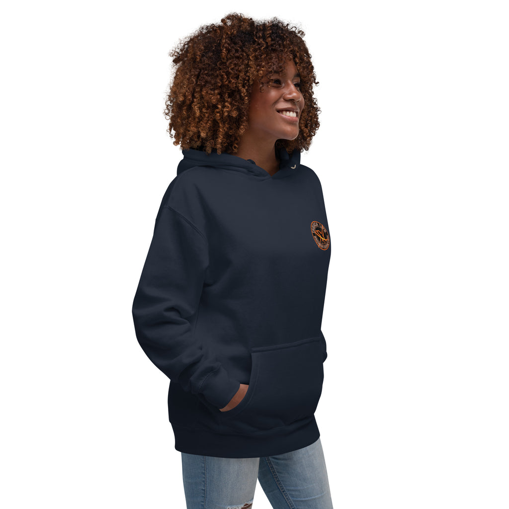 Sugar Skull Pullover Hoodie in Navy Blazer, three-quarter front view on a model with the small round chest logo