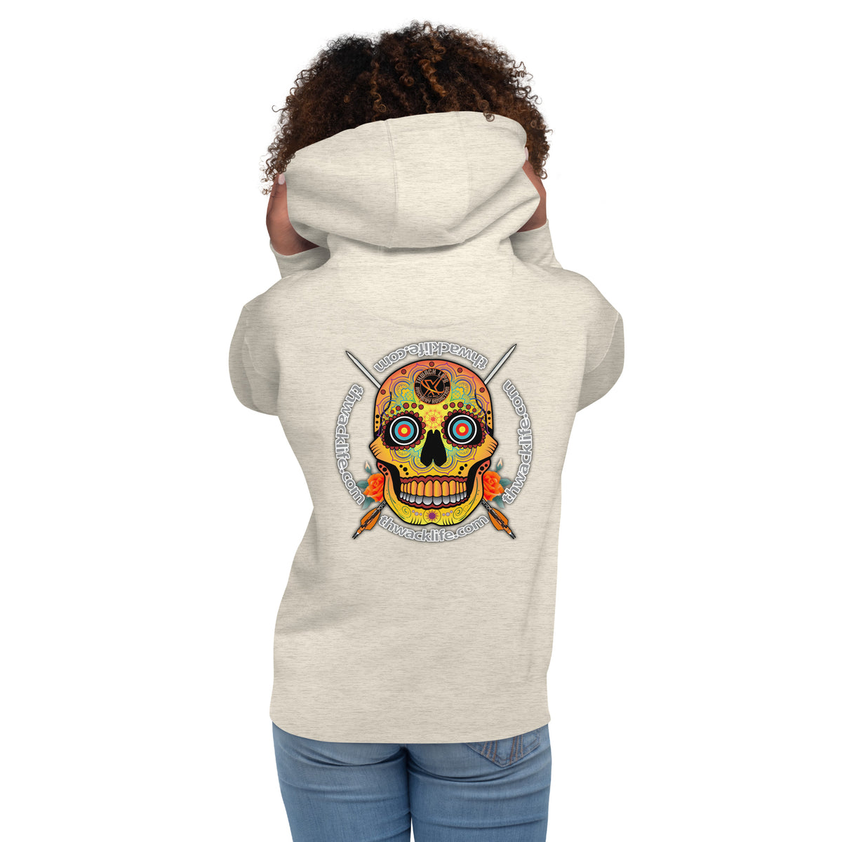 Sugar Skull Pullover Hoodie in Oatmeal Heather, back view on a model showing the Sugar Skull with the thwacklife.com ring