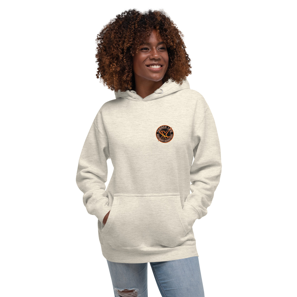 Sugar Skull Pullover Hoodie in Oatmeal Heather, front view on a model with the small round chest logo