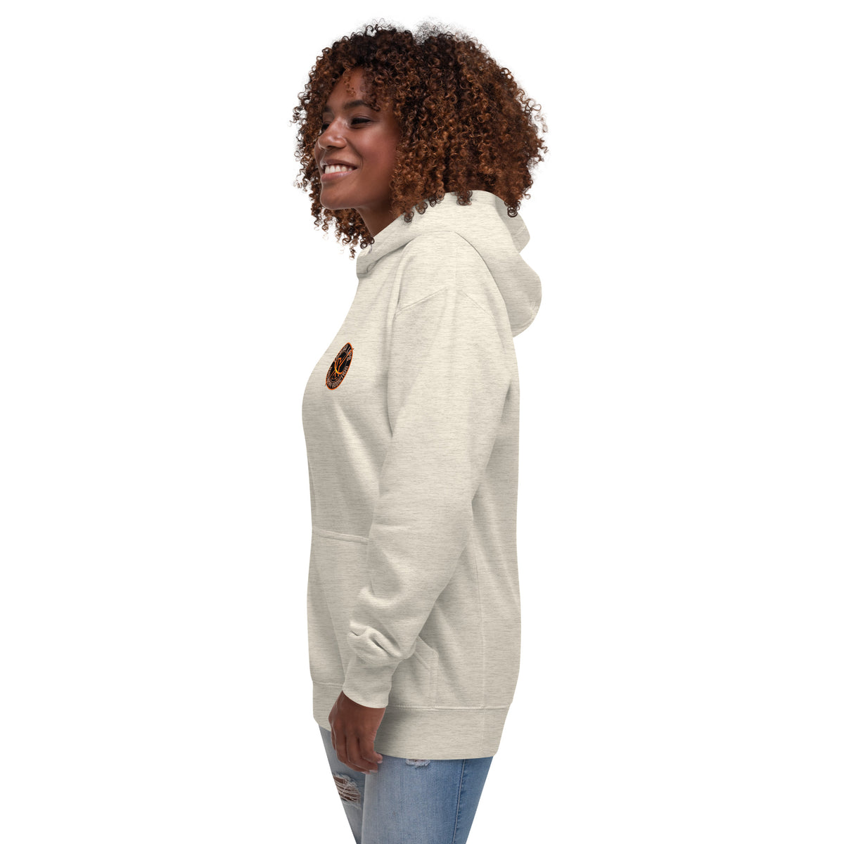 Sugar Skull Pullover Hoodie in Oatmeal Heather, left side view on a model