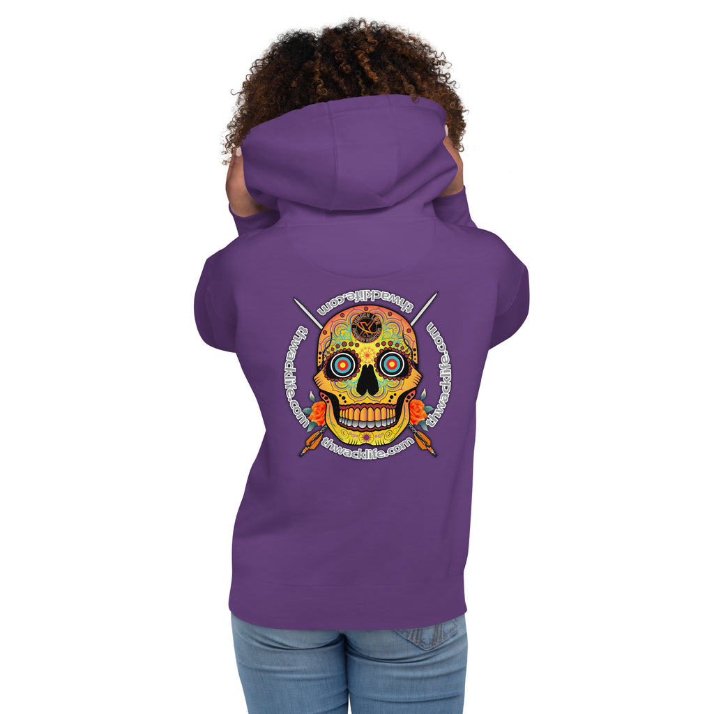 Sugar Skull Pullover Hoodie in Purple, back view on a model showing the Sugar Skull with the thwacklife.com ring