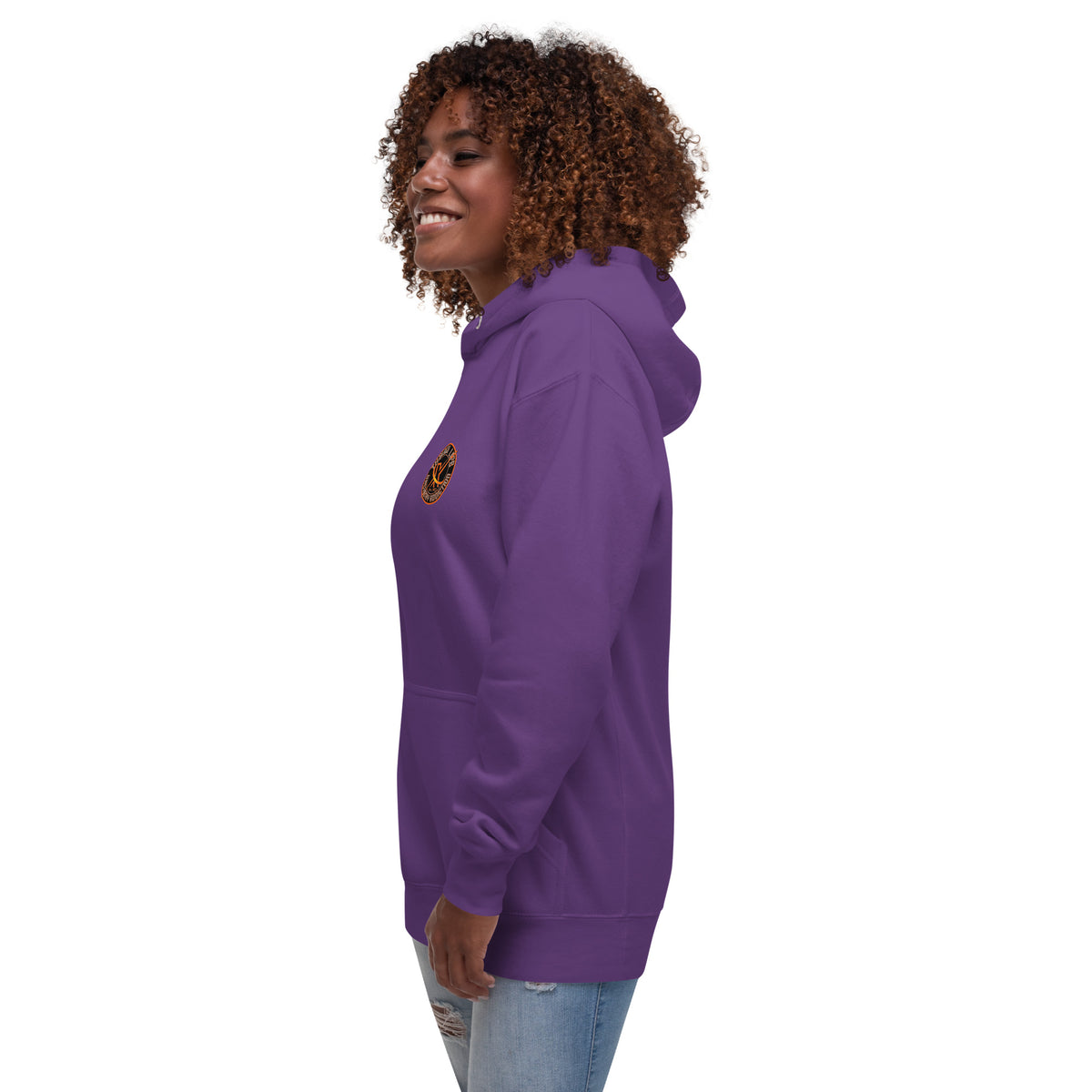 Sugar Skull Pullover Hoodie in Purple, left side view on a model